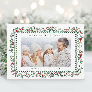 Elegant Holly Berry Christmas Photo  Holiday Card