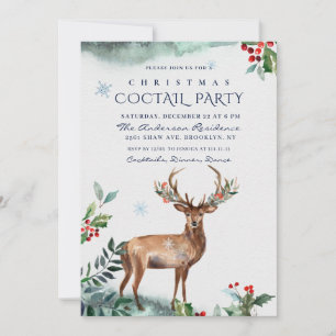 Elegant Holly Berry Deer Christmas COCTAIL PARTY Invitation