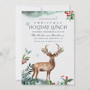 Elegant Holly Berry Deer Christmas Holiday Lunch Invitation
