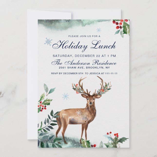 Elegant Holly Berry Deer Christmas Holiday Lunch Invitation (Front)