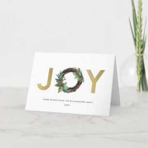 ELEGANT HOLLY BERRY GOLD RED JOY WREATH CHRISTMAS CARD