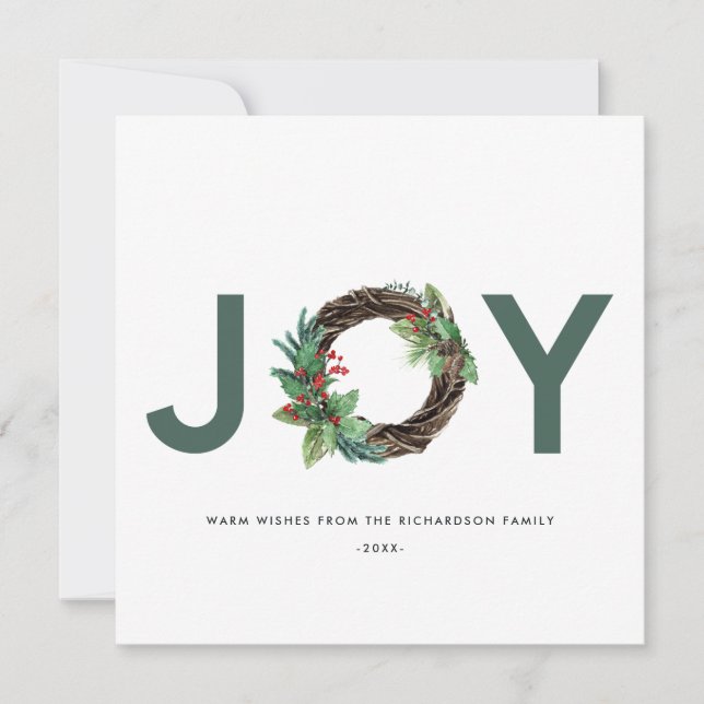 ELEGANT HOLLY BERRY GREEN RED JOY WREATH CHRISTMAS HOLIDAY CARD (Front)