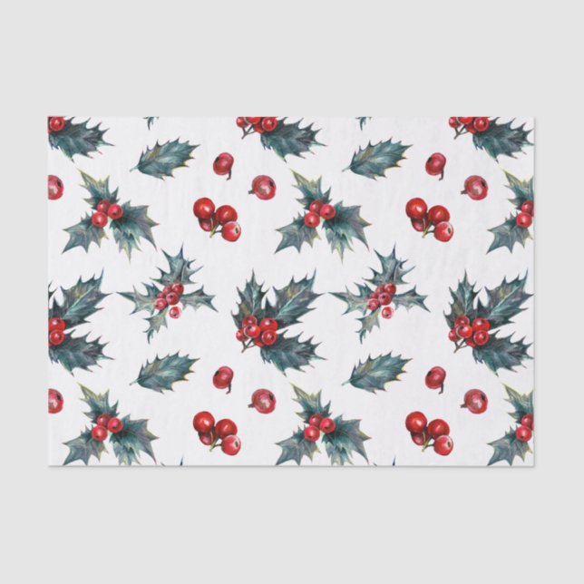 Elegant Holly Berry Holiday Christmas Rustic Tissue Paper (Front)