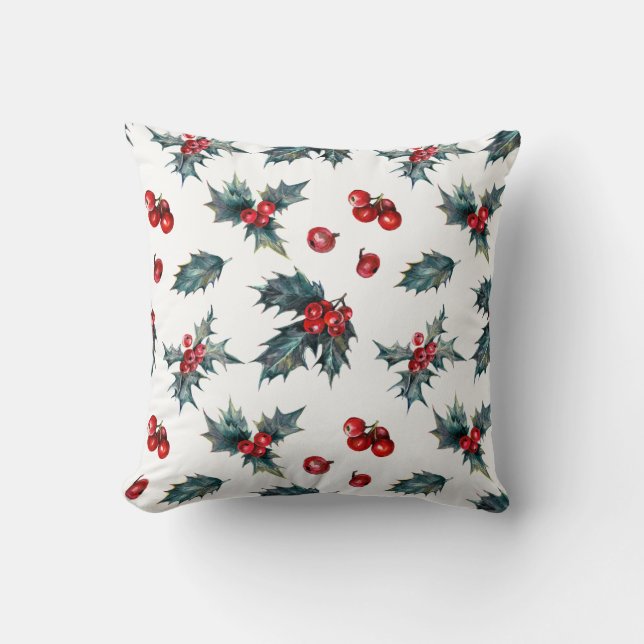 Elegant Holly Berry Holiday Winter Berries Rustic Cushion (Front)