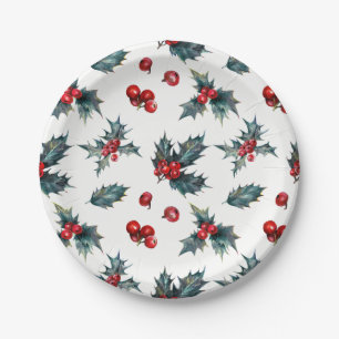 Elegant Holly Berry Holiday Winter Wedding Party Paper Plate