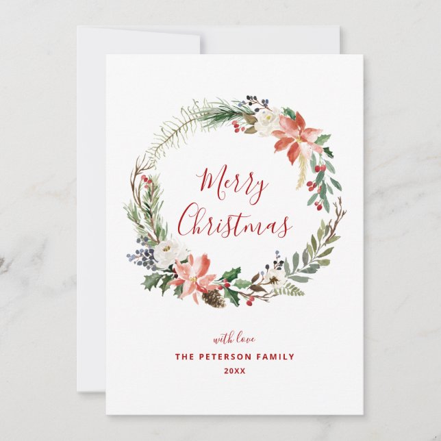 Elegant Holly Berry | Poinsettia Wreath Non Photo Holiday Card (Front)