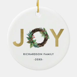 ELEGANT HOLLY BERRY RED GOLD JOY WREATH CHRISTMAS CERAMIC TREE DECORATION