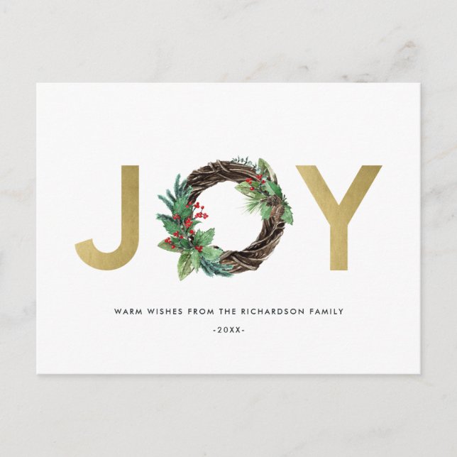 ELEGANT HOLLY BERRY RED GOLD JOY WREATH CHRISTMAS POSTCARD (Front)