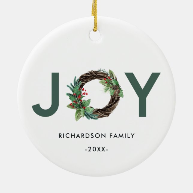 ELEGANT HOLLY BERRY RED GREEN JOY WREATH CHRISTMAS CERAMIC TREE DECORATION (Back)