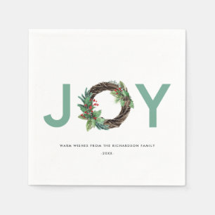 ELEGANT HOLLY BERRY RED GREEN JOY WREATH CHRISTMAS NAPKIN