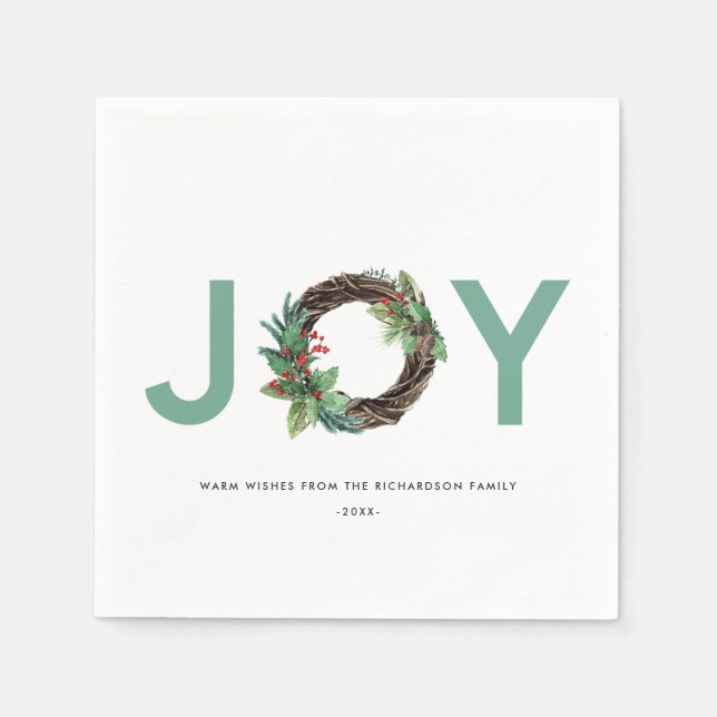ELEGANT HOLLY BERRY RED GREEN JOY WREATH CHRISTMAS NAPKIN (Front)