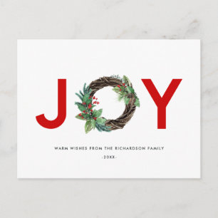 ELEGANT HOLLY BERRY RED GREEN JOY WREATH CHRISTMAS POSTCARD
