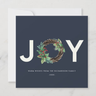 ELEGANT HOLLY BERRY RED NAVY JOY WREATH CHRISTMAS HOLIDAY CARD