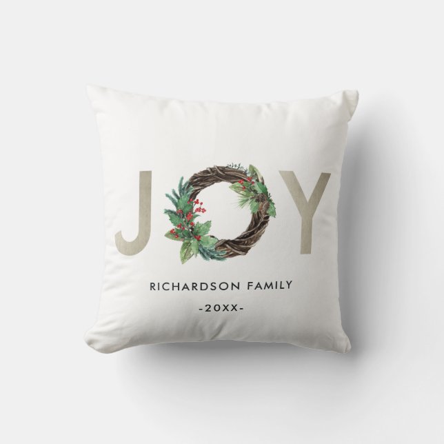 ELEGANT HOLLY BERRY SILVER JOY WREATH CHRISTMAS CUSHION (Front)