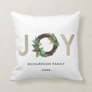 ELEGANT HOLLY BERRY SILVER JOY WREATH CHRISTMAS CUSHION