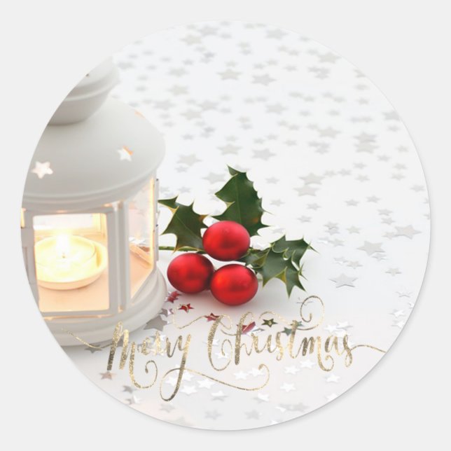 Elegant Holly Berry ,Stars Classic Round Sticker (Front)