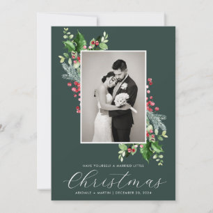Elegant Holly Berry Wedding Photo Green Holiday Card