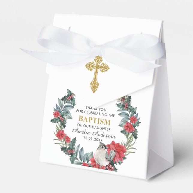 Elegant Holly Berry Winter Baptism Thank You Favour Box (Front Side)
