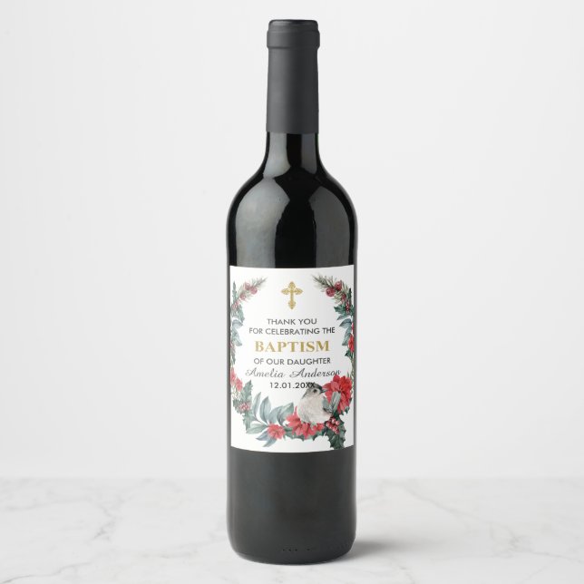 Elegant Holly Berry Winter Baptism Thank You Wine Label (Front)