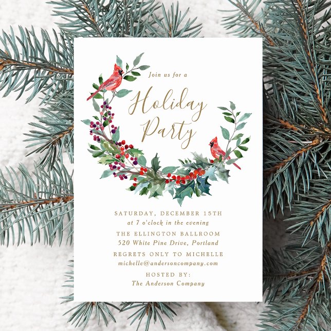 Elegant Holly Berry Wreath Cardinals Holiday Party Invitation (Creator Uploaded)