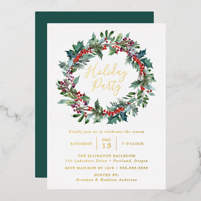 Elegant Holly Berry Wreath Holiday Party (Front/Back)
