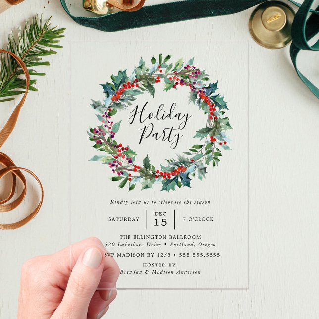 Elegant Holly Berry Wreath Holiday Party Acrylic Invitations (Creator Uploaded)