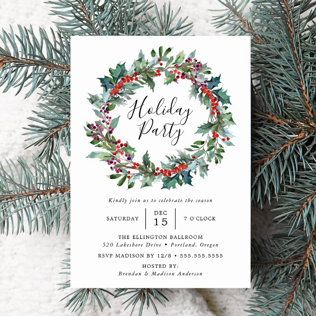 Elegant Holly Berry Wreath Holiday Party Invitation (Creator Uploaded)