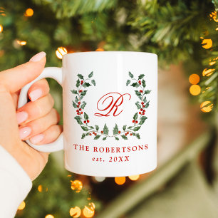 Elegant Holly Berry Wreath Monogram Personalized Coffee Mug
