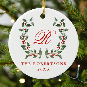 Elegant Holly Berry Wreath Monogram Photo Ceramic Tree Decoration