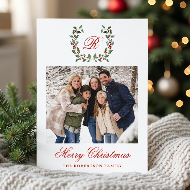 Elegant Holly Berry Wreath Monogram Photo Holiday Card (Creator Uploaded)