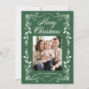 Elegant Holly Border Green Merry Christmas 5 Photo Holiday Card