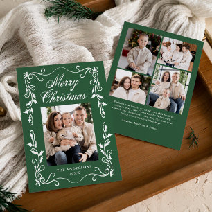Elegant Holly Border Green Merry Christmas 5 Photo Holiday Card