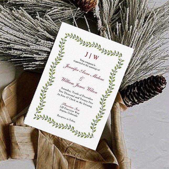 Elegant holly border Holiday wedding Invitation (Creator Uploaded)