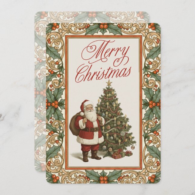 Elegant Holly Border Merry Christmas Greeting Holiday Card (Front/Back)