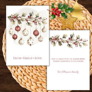 Elegant Holly Branch and Ornaments Christmas Card