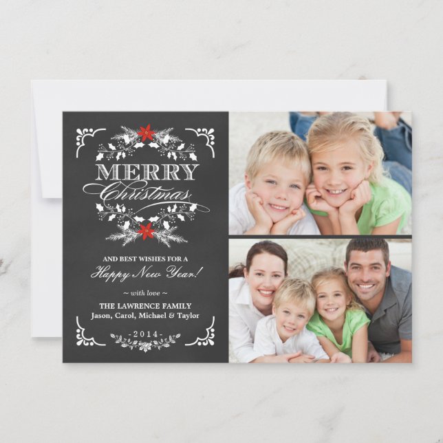 Elegant Holly Chalkboard Christmas 2-Photo Cards (Front)