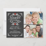 Elegant Holly Chalkboard Christmas 2-Photo Cards<br><div class="desc">Vintage chalkboard style Merry Christmas holiday greeting card with photo template. Elegant black and white design with beautiful red poinsettia holly wreath, festive retro frame and decorative formal letterpress style typography on slate grey chalk board background. Add your favourite holiday family pictures and customise the text. Contemporary, classic, modern and...</div>