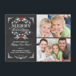 Elegant Holly Chalkboard Christmas 2-Photo Cards<br><div class="desc">Vintage chalkboard style Merry Christmas holiday greeting card with photo template. Elegant black and white design with beautiful red poinsettia holly wreath, festive retro frame and decorative formal letterpress style typography on slate grey chalk board background. Add your favourite holiday family pictures and customise the text. Contemporary, classic, modern and...</div>