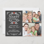 Elegant Holly Chalkboard Christmas 3-Photo Collage Holiday Card<br><div class="desc">Vintage chalkboard style Merry Christmas holiday greeting card with photo template. Elegant black and white design with beautiful red poinsettia holly wreath, festive retro frame and decorative formal letterpress style typography on slate grey chalk board background. Add your three favourite holiday family pictures and customise the text. Cheerful and bright...</div>