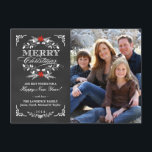 Elegant Holly Chalkboard Christmas Photo Flat Card<br><div class="desc">Vintage chalkboard style Merry Christmas holiday greeting card with photo template. Elegant black and white design with beautiful red poinsettia holly wreath, festive retro frame and decorative formal letterpress style typography on slate gray chalk board background. Add your favorite holiday family picture and customize the text. Cheerful and bright contemporary,...</div>