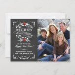 Elegant Holly Chalkboard Christmas Photo Flat Card<br><div class="desc">Vintage chalkboard style Merry Christmas holiday greeting card with photo template. Elegant black and white design with beautiful red poinsettia holly wreath, festive retro frame and decorative formal letterpress style typography on slate gray chalk board background. Add your favorite holiday family picture and customize the text. Cheerful and bright contemporary,...</div>