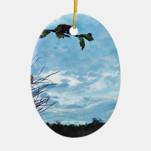 Elegant Holly Christmas,  blue sky Ceramic Tree Decoration (Front)