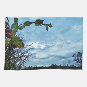 Elegant Holly Christmas, blue sky Tea Towel