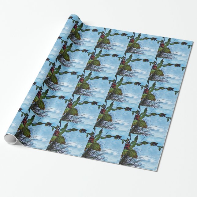 Elegant Holly Christmas,  blue sky Wrapping Paper (Unrolled)