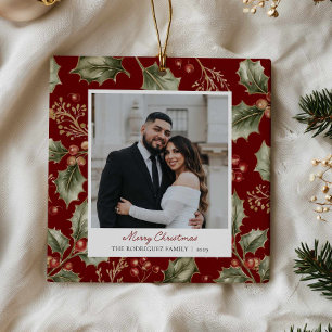 Elegant Holly Christmas Couple's Photo Ornament