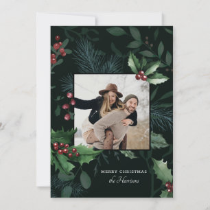 Elegant Holly Christmas Dark Green Botanical Photo Holiday Card