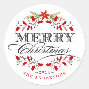 Elegant Holly Christmas Wreath Red & White Sticker
