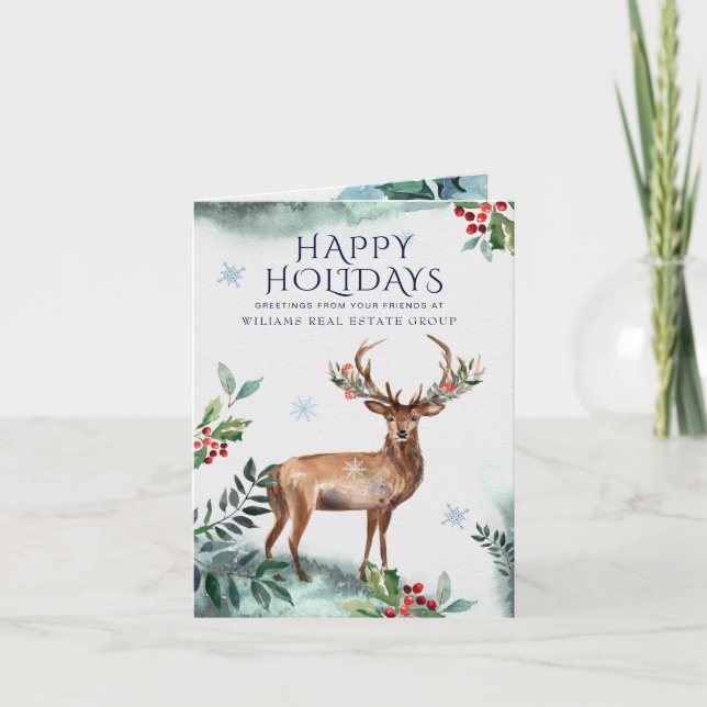 Elegant Holly Deer Christmas Corporate Greeting Holiday Card (Front)