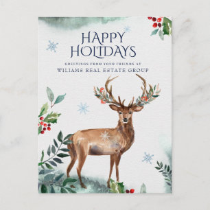 Elegant Holly Deer Christmas Corporate Greeting Holiday Postcard