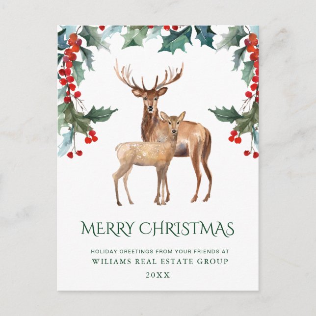 Elegant Holly Deer Christmas Corporate Greeting Holiday Postcard (Front)